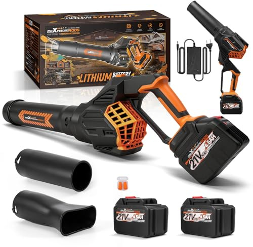 maXpeedingrods Soplador de Hojas eléctrico, 21V 289km/h con 2 baterías de 4,5Ah, 3 velocidades + turbo, 3 boquillas, motor sin escobillas Sopladores 180° para hojas de auto, terraza, tejados