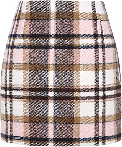 WINKEEY Gonna Corta Donna Autunno Invernale Vita Alta Elegante Minigonna Motivo a Quadri Linea A Casual Gonne Invernali,Rosa S