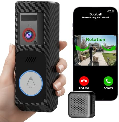 RUNOCAM Wireless Video Doorbell Camera with Charm, HD Camera, Real-Time Alerts Ring Call, Pan Rotate, AI Detection, Power Battery, Home Security Apartment Camara para Puerta, 2.4G WiFi, Carbon Fiber