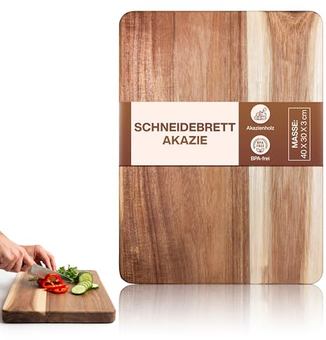 Hochwertiges Schneidebrett aus Akazienholz - Massives Holz Schneidebrett Küche 40 x 30 x 3cm - Küchenbrett aus Holz - Holzschneidebrett groß mit Standfüßen - Groß & Messerschonend