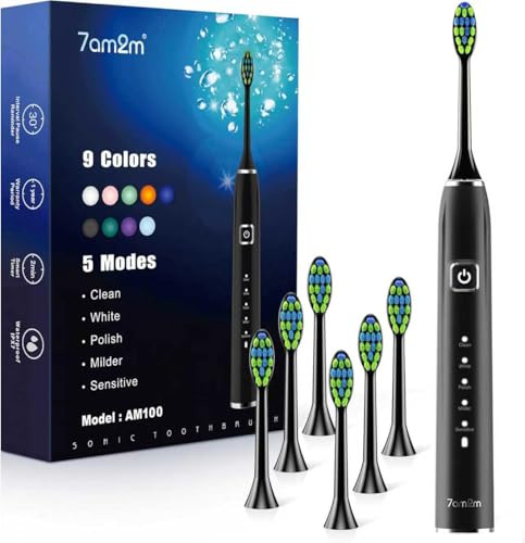 7AM2M Sonic Electric Toothbrush with 6 Brush Heads for Adults&Kids, Type C Rehargeable, One Charge for 120 Days, 5 Modes&40000VPM Powered Toothbrush, 2 Minutes Built in Smart Timer, Black