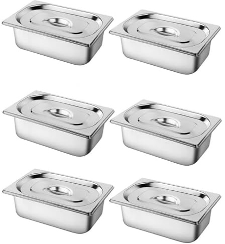 Lot de 6 Bacs à Panure GN 1/4 en Acier Inoxydable avec Couvercle | Récipients Rectangulaires Durables Pour Préparer Viandes Poissons et Aliments Panés en Cuisine Professionnelle