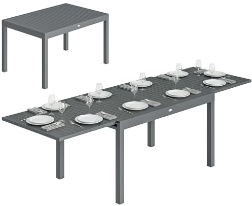 Outsunny Ausziehbarer Gartentisch für 6 bis 10 Personen, Outdoor-Esstisch aus Aluminium mit Lamellenplatte, verstellbaren Tischfüßen, 270/135 x 90 x 75 cm, Dunkelgrau