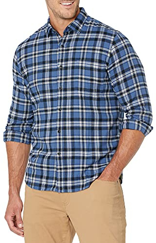 Amazon Essentials Men's Slim-Fit Long-Sleeved Button-Down Plaid Flannel Shirt, Black Blue Plaid, L