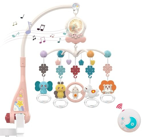 Eners Baby Musical Crib Mobile med nattljus och rotation, skallror, fjärrkontroll, komfortleksaker för nyfödda spädbarn pojkar flickor småbarn