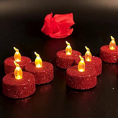 12 Stück Glitzer-flammenlose Teelichter, warmweiße Lampe, Teelichter, batteriebetriebenes LED-Licht, elektrische künstliche Kerzen für Hochzeiten, Feiern, Partys, Geschenke und Festivals, Feiern (rot)