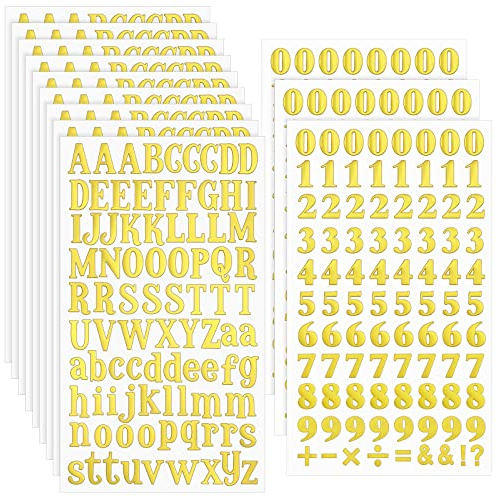 12 Blätter Selbstklebend Buchstaben Aufkleber Kleine Vinyl Alphabet und Zahlen Sticker Abschlusskappe Craft Scrapbooking Klebe Nummer Buchstaben Basteln für DIY Deko (Gold)
