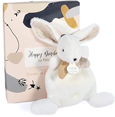 DOUDOU ET COMPAGNIE - Petit Doudou Lapin Plat - Blanc & Beige - 17 cm - Collection Happy Wild - Peluche Toute Douce - Idée Cadeau Naissance pour Bébé - Garantie Doudou Perdu - DC3881