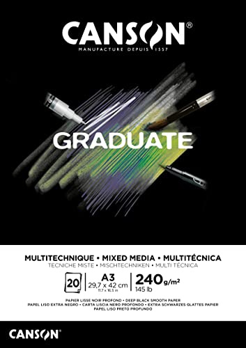 Canson Graduate Mix Media Notizblock, A3, 20 Blatt, Schwarz, fein, 240 g, C31250P018
