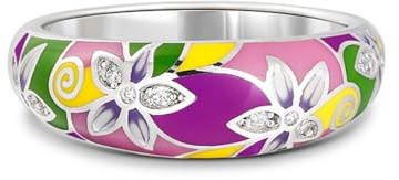 Jeulia Anillo de Plata Esterlina para Damas Geométrico Flores Multicolores Esmaltadas Anillo para Mujeres Niñas Anillo Ancho Joyas de Fiesta Flor 14.5