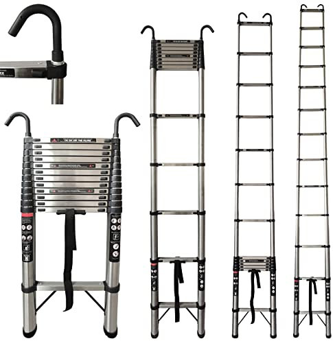 Telescopic Ladder, 16.5FT/5M Stainless Steel Telescoping Ladder with Hooks & Non-Slip Feet, Portable Extension Ladder, Multi Purpose Extendable Loft Ladder 12 Steps Folding Ladder, 330lb Capacity