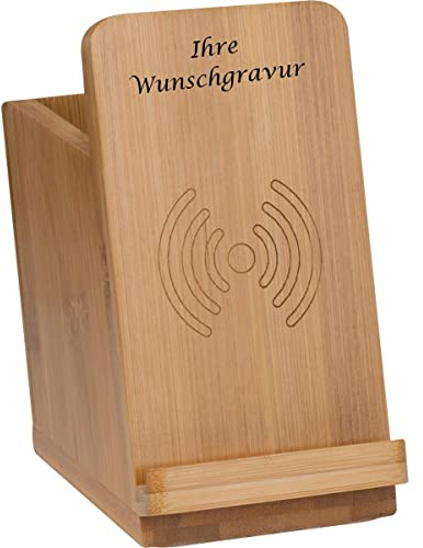 Induktionsladegerät aus Bambus mit Stifteköcher mit Gravur