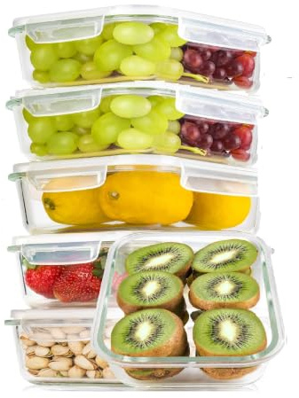 LEOM Glass Food Containers Set with Vented Lids, Glass Meal Prep Containers 1040ml, Airtight Leakproof Lunch Box, Microwave, Dishwasher, Air Fryer, Freezer and Oven Safe, BPA Free, Set of 6