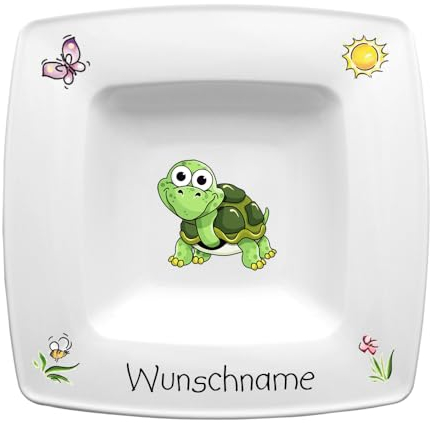 Doriantrade Suppenteller eckig 22cm Kinderteller Teller Porzellan Schildkröte personalisierbar mit Wunschname Name Kindergeschirr mit Namen personalisiert