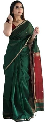 Jaanvi fashion Women's Cotton Blend Saree With Zari Work & Unstitched Blouse Piece (floryca-dark-green)