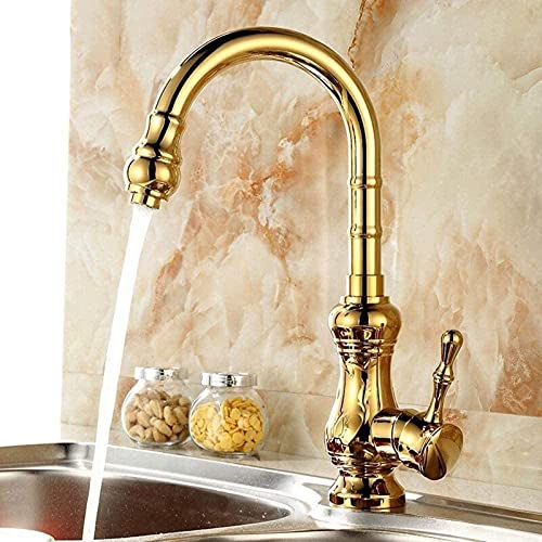 Wasserhahn Vintage Antik 360&Deg;Rotations-Küchenarmatur mit schwenkbarem Auslauf, Küchenspüle, Mischbatterie, Gold, massives Messing, Einhebel-Einloch-Waschbecken, Warm- und Kaltwasserhahn