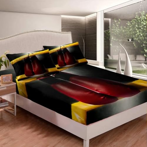 Red Double Fitted Sheet, 3D Boxing Gloves Fitted Sheet Double Bed - Deep Pocket 12 inch (30 cm) - Soft Microfibre Fabric - Shrinkage and Fade Resistant Bedding - Bottom Sheet I1286