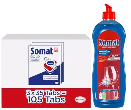 SOMAT Tabs 3x35(105) AW Gold, Geschirrspül Tabs für sauberes Geschirr auch bei niedrigen Temperaturen, Extra-Kraft gegen Eingetrocknetes + Somat Duo Power Experten Klarspüler 750ml