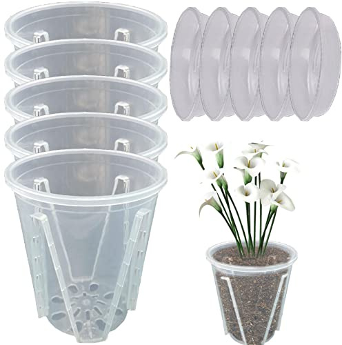 Orchideentopf – Botanischer Behälter, 5 transparente Orchideentöpfe mit 5 Tabletts, belüfteter Orchideen-Pflanztopf mit Ablauflöchern, für drinnen und draußen, Blumentöpfe zum Umtopfen und Umpflanzen