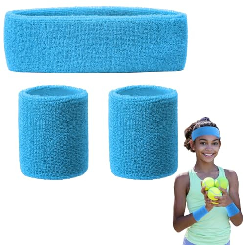 3-Teiliges Schweißband-Set, Frottee-Armbänder, Schweißabsorbierendes Stirnband aus Baumwoll-Handgelenk, Geeignet für Laufen, Fitnessstudio, Sport, Basketball, Feuchtigkeitstransport