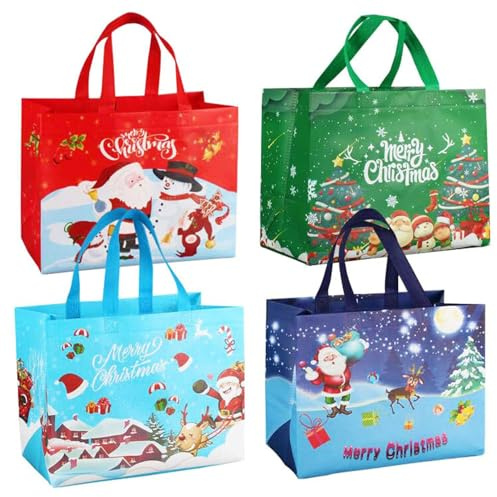 4 Stück Geschenktüten Weihnachten Weihnachtsgeschenktüten Weihnachtstüten mit Griffen Non Woven Weihnachtstaschen Wiederverwendbare Geschenktaschen Weihnachten Weihnachts Geschenktüten 32 * 25 * 17CM