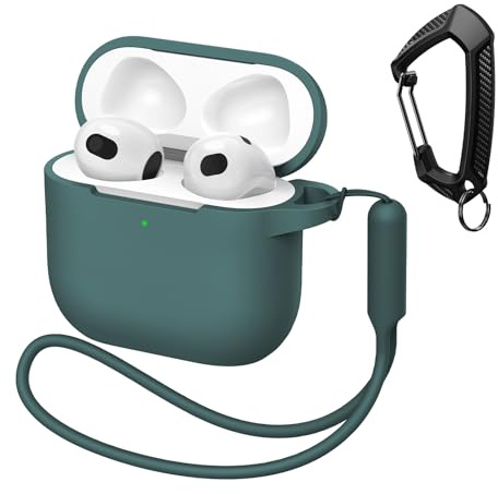 MATEPROX Silikon Hülle Kompatibel mit AirPods 4. Generation 2024 Kratzfeste Schutzhülle mit Karabiner und Kopfhörerhüllen-Halter für AirPods4-Kieferngrün