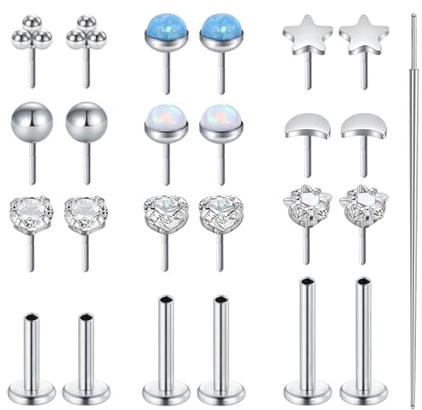AVYRING Threadless Flatback Ohrringe für Damen, 20G 18G 16G Chirurgenstahl Nasenstecker mit Opal, Stern, Mond, Herz CZ Labret Tragus Cartilage Conch Helix Piercing Schmuck, 6mm 8mm 10mm