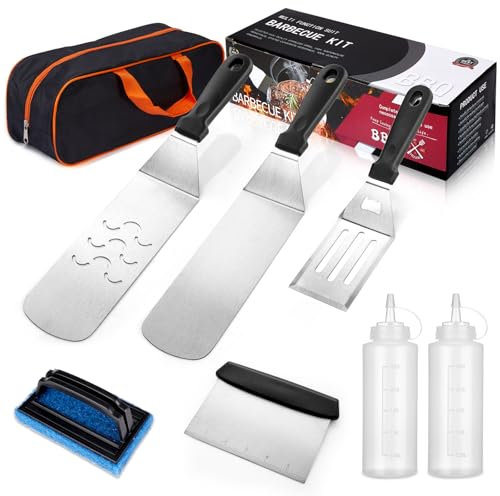 Blackstone Griddle Accessories Kit, 8PCS Flat Top Grilling Accessories Set for Blackstone and Camp Chef, Metal Grill BBQ Enlarged Spatulas Set with Carry Bag Outdoor BBQ & Camping