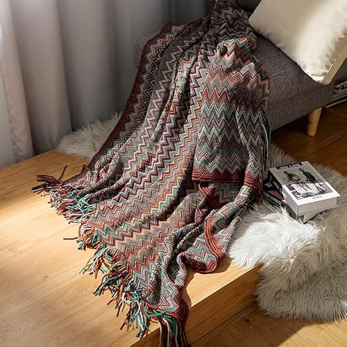MYVVKIA Decke fürs Bett, Bohemia-Sofa-Überwurfdecke, bunt gestreiftes Wellenmuster, verdickte, warme Strickdecke mit Quaste, Schal, weich, gemütlich, für Sofas, Couch, Bett, Gel