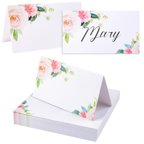 URROMA Tarjeta de lugar para mesa, 100 tarjetas plegables para asiento de boda, flores rosas y hojas verdes, tarjetas de lugar en blanco, tarjetas de tienda de campaña para boda