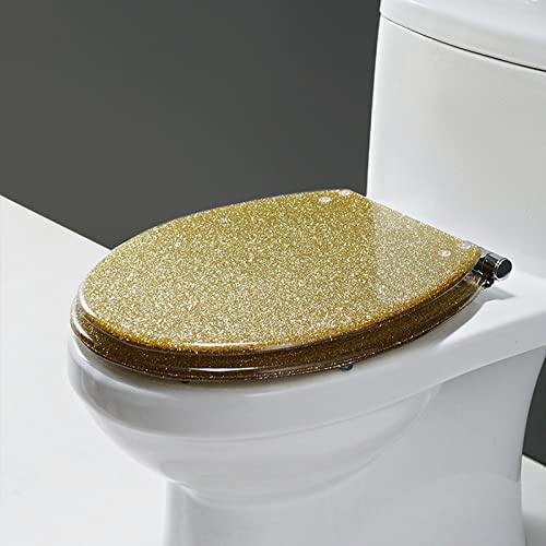 Heavy Duty Glitter Toilet Seat Slow Close Resin Round Toilet Seat,Quiet Close Toilet Seats, Quick Release Easy Clean Installation/Remove Toilet Seats,Gold