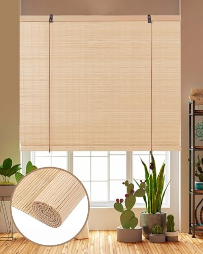 FoundGo Retro Bamboo Blinds 60 W x 72 H Bamboo Roman Shades Light Filtering Roll Up Blind Curtains for Windows Doorways Indoor Outdoor White