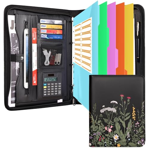 Leathario Schreibmappe A4 mit 5er Register DIN A4，Konferenzmappe mit 4 Ringbuch,Dokumentenmappe mit Reißverschluss, Klemmbrett,Ordner für Meeting, Business,Mappe für Schule, Uni