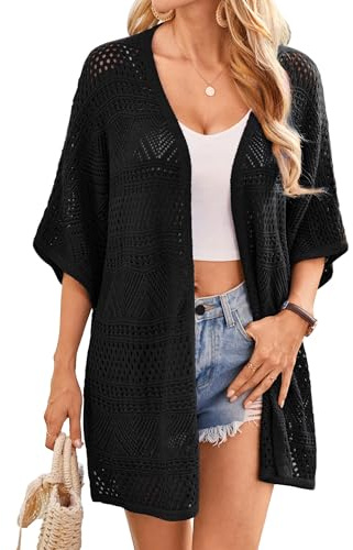 GRACE KARIN Women's Hollow Crochet Summer Cardigan Open Front Batwing Sleeves Boho Kimono Cardigans Loose Fit Knitwear for Vacation