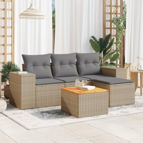 IKAYAA Gartenlounge Balkon Rattan gartenmöbel Set Lounge Sofa Outdoor Lounge Rattan Sofa Ecklounge Sitzecke Balkon Loungemöbel Gartensofa Ecksofa Balkonmöbel-Beige und Grau-5-tlg