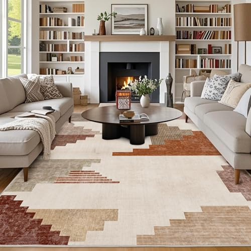 Chicnix Teppich Wohnzimmer 200x300, Großer Teppich Waschbar Kurzflor rutschfest, Moderner Geometrisch Patchwork Muster Design Teppiche für Schlafzimmer Kinderzimmer Büro Esszimmer, Braun Orange