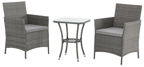 SVITA Brooklyn Bistro Gartenmöbelset 3-teilig Rattan Outdoor Gartenlounge Terrasse Balkon Garten Sitzgruppe mit 2 Sesseln und Tisch Grau