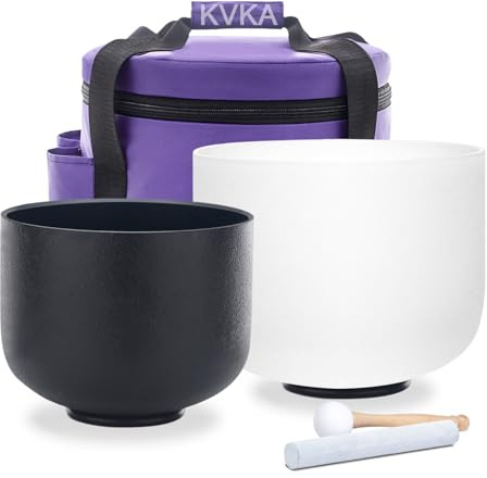 KVKA Juego de cuencos tibetanos de 432 Hz, 2 unidades de 8 pulgadas B + 10 pulgadas F chakra negro y blanco Yin-Yang atracción mutua cuenco tibetano de cuarzo con bolsa de transporte
