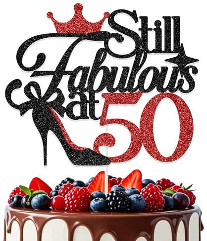 Aumccxz Still Fabulous at 50 Cake Topper 50th Birthday Cake Topper Cheers to 50 Years Birthday Anniversary Party Decorations Black & Red