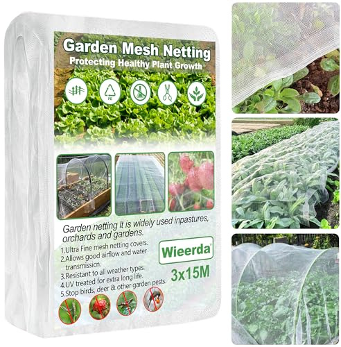 Garden Insect Netting, 3 x 15M Ultra Fine Mesh GardenNetting for Protection Vegetables Plants Fruits Flowers Crops Greenhouse, Anti Bird Butterfly Net Cover for Outdoor Patio
