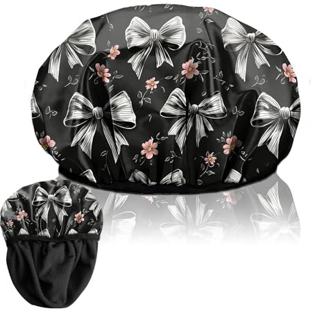 BHAHB Luxury Shower Cap Reusable Terry Cloth Lined EVA Triple Waterproof Layer Elastic Hair Bath Caps for Women Girls Cute (F7-Grey Bowknot)