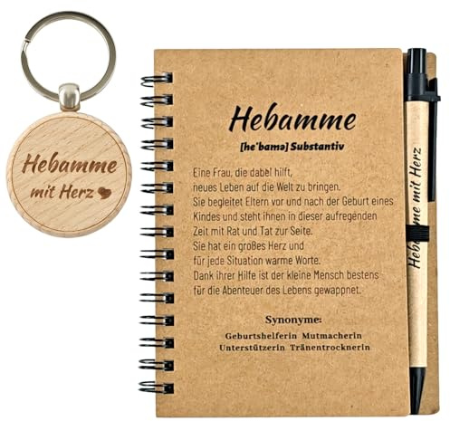 Henjunu Danke Hebamme Geschenk, Hebamme mit Notizbuch + Stifte mit Spruch + Schlüsselanhänger Holz, Abschiedsgeschenk für Hebamme, Geschenk für hebamme