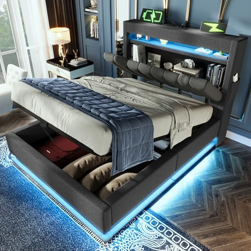 RIAZOS Polsterbett 90x200 cm, Stauraum-Kopfteil mit USB- und Typ-C Ladefunktion, Einzelbett mit Hydraulischem Stauraum, Bettgeltell mit LED und Lattenrost, Leinen, Grau, ohne Matratze