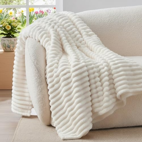 BEDELITE Fluffy Fleece Throw Blanket, Striped Decorative Soft Warm Gift for Sofa Bed Couch, Throw Size, Cream White