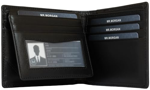 MR.MORGAN Portefeuille Homme en Cuir Véritable Noir – Porte Carte Homme, RFID, CNI/Ancienne Carte d’Identité, Poche AirTag, 11 Cartes, 2 Fenêtres ID, Porte-Monnaie Ultra-Fin Intégré, Boîte Cadeau