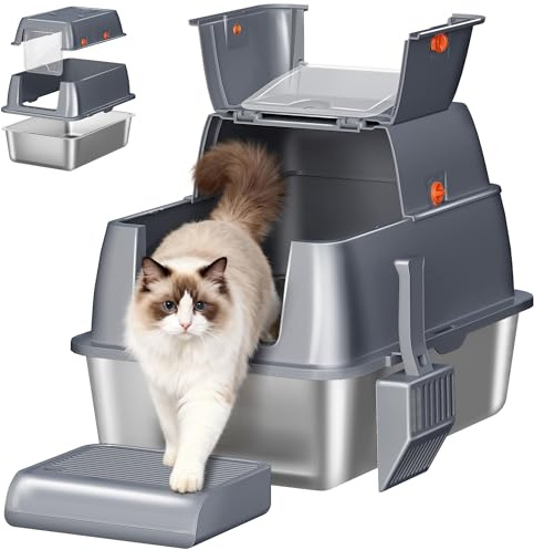 Fobyfurny Lettiera Acciaio Inox Gatto XXL, 61 x 41 x 40 cm, Grigio Scuro | Lettiera Gatto Chiusa con Coperchio, Coperchio Incernierato a 180°, Pedale e Paletta, Facile da Pulire, Design Modulare