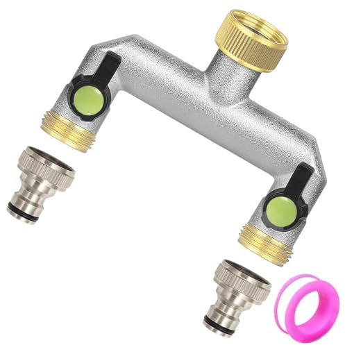 HASLED Robinet Jardin Double Sortie, Raccord 2 Voies Alliage Zinc pour Tuyau Arrosage, avec Vanne Réglable, 1x Ruban Adhésif Brut Adaptateur Robinet Double Usage Intérieur/Extérieur