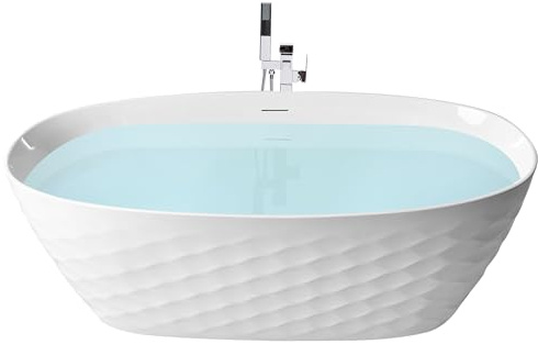 Baignoire Ovale Moderne en Acrylique Autoportante 170 x 80 cm Finition Brillante Motif Diamant Blanche Chubut
