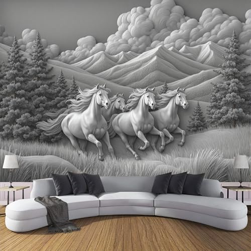 ZISTRCBAO Fondo De Pantalla Panorámica Caballos Corriendo En 3D 350x256cm, Estilo De Escultura En Piedra Fotomurales Seda Para Salón Dormitorio Oficina Pared De Fondo De TV, Gris