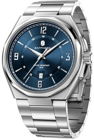 SAPPHERO Reloj analógico de cuarzo para hombre, esfera con fecha y números arábigos, resistente al agua 50 m, luminoso, estilo deportivo y corporativo, correa acero inoxidable y cuero, regalo elegante